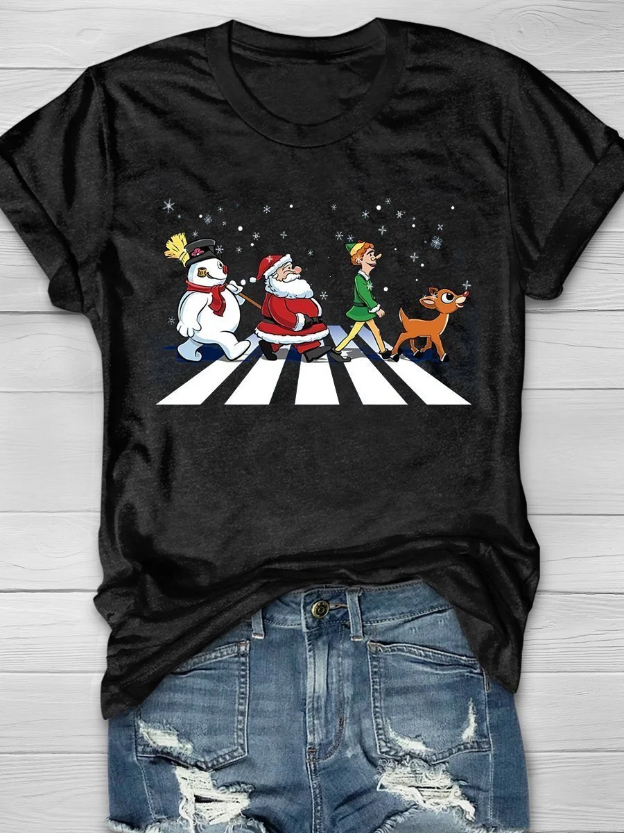 Eagerlys Merry Christmas Santa Claus Snowman Elk Print Short Sleeve T-shirt Eagerlys