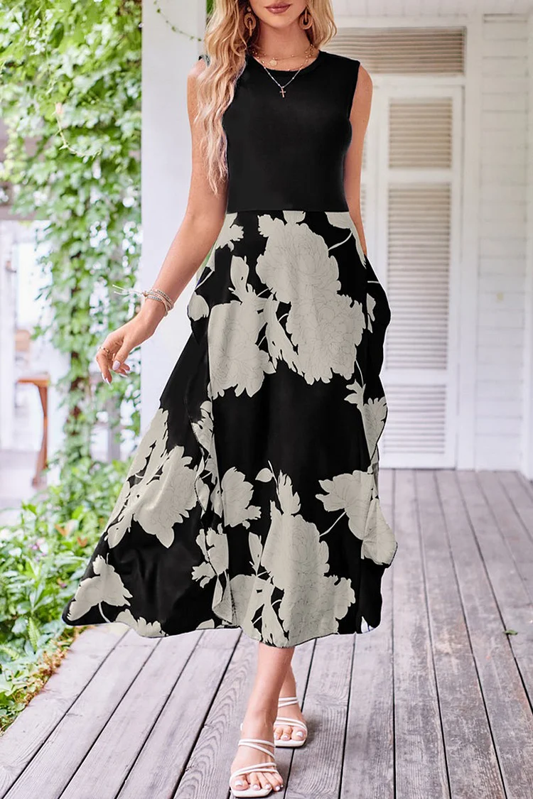 Sweet Elegant Print Patchwork O Neck Sleeveless Dress Dresses