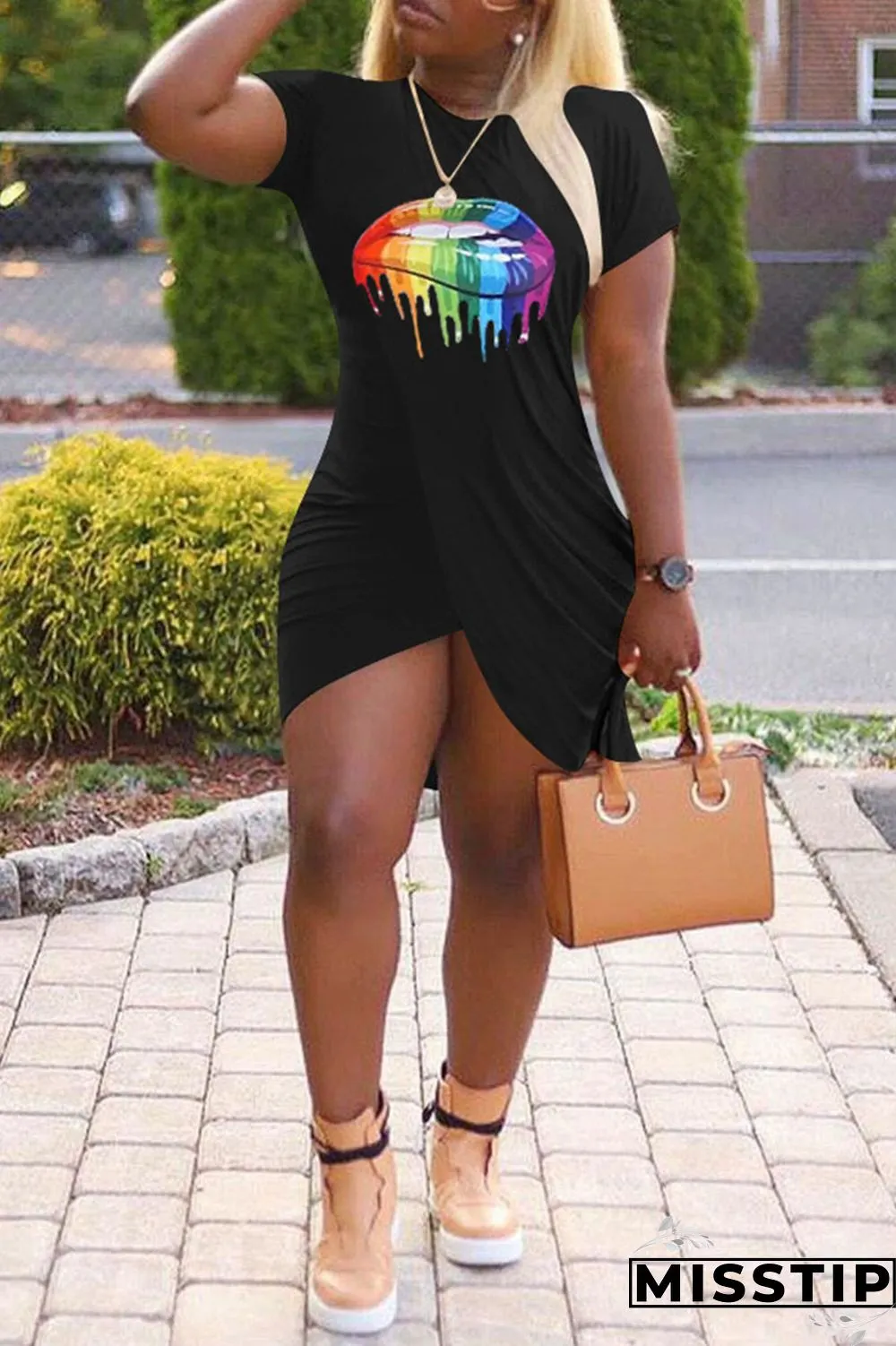 Orange Fashion Casual Lips Printed Patchwork O Neck Short Sleeve Dress Dresses
