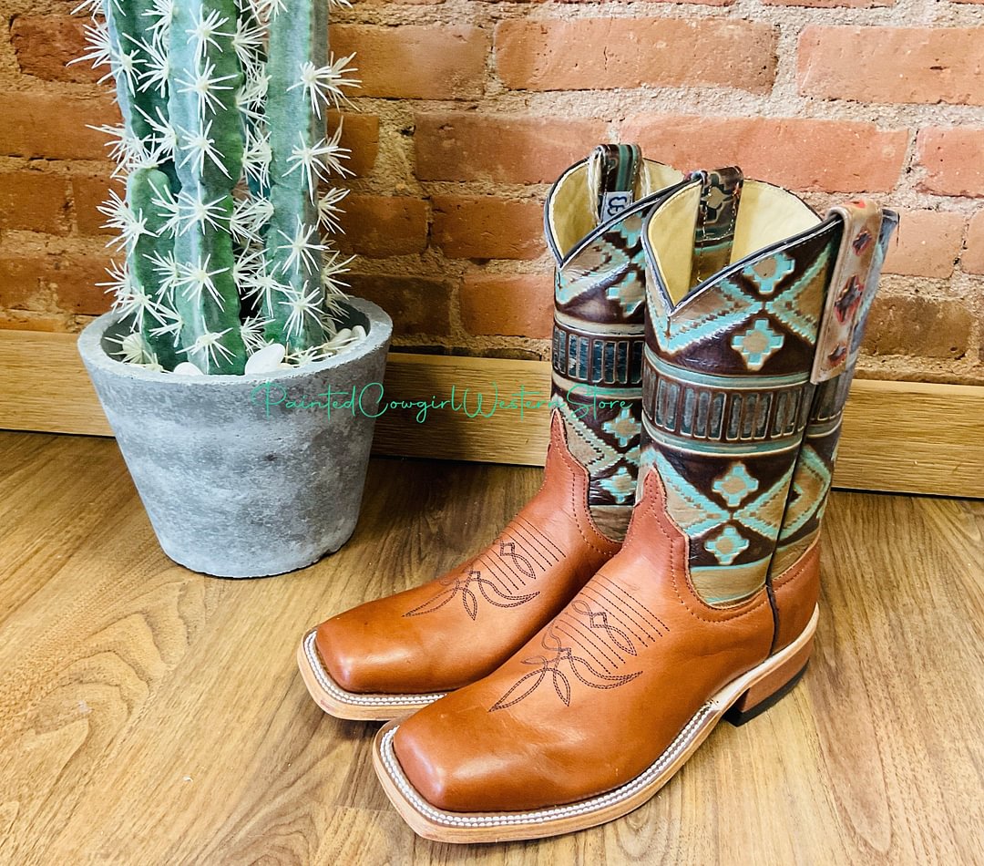 Anderson Bean Women's Navajo Santa Fe Embossed/Cuoio Bella Sq Toe Boots 333572