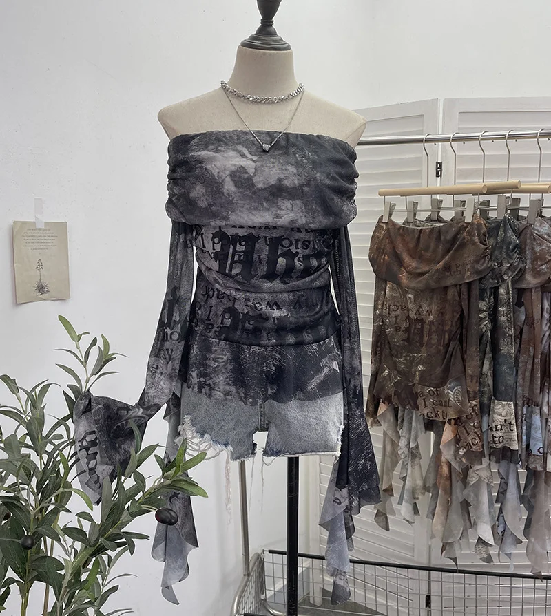 Uveng Real Shot Shoulder Strap Tie Dyed Net Shawl Shirt T-Shirt T-Shirt T-Shirt Design Folded Long-Sleeved T-Shirt 8003