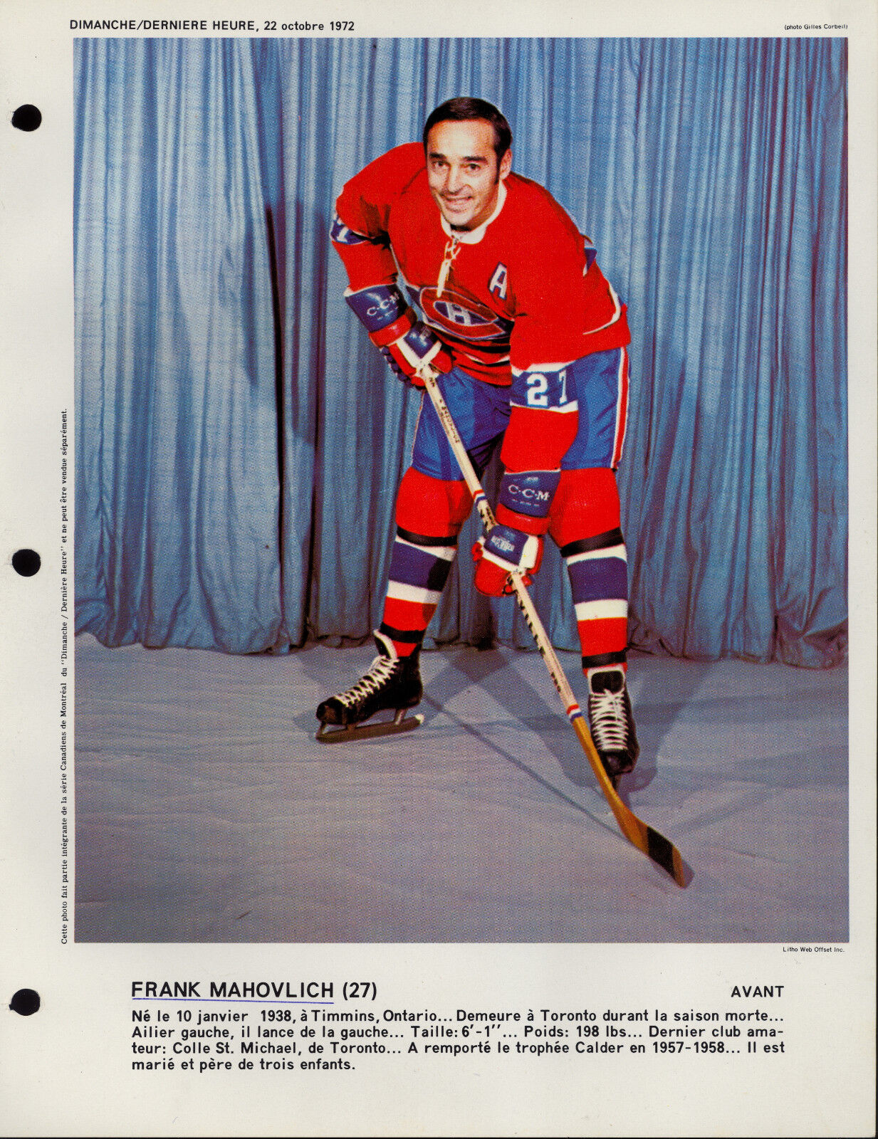 1972 Frank Mahovlich MONTREAL CANADIENS NM DIMANCHE DERNIER Magazine 8X11 Photo Poster painting