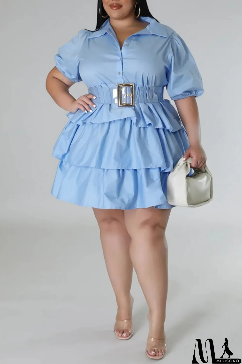 MidiSono - Light Blue Casual Solid Patchwork Turndown Collar Cake Skirt Plus Size Dresses