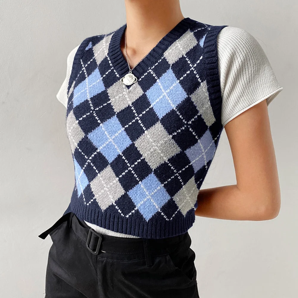 Argyle Plaid Knitted Tank Top Women Sweater Vest England Preppy Style Y2K Clothing V Neck 90s Cropped Knitwear Fall