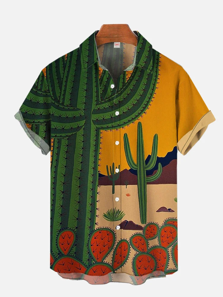 Tropical Style Colorful Desert Cactus Printing Short Sleeve Shirt