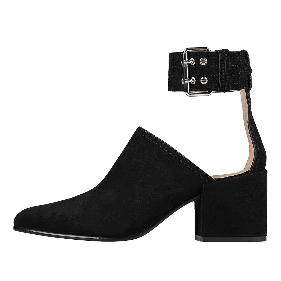 Vegan Suede Ankle Strap Mid Block Heel Buckled Black Pumps for Women