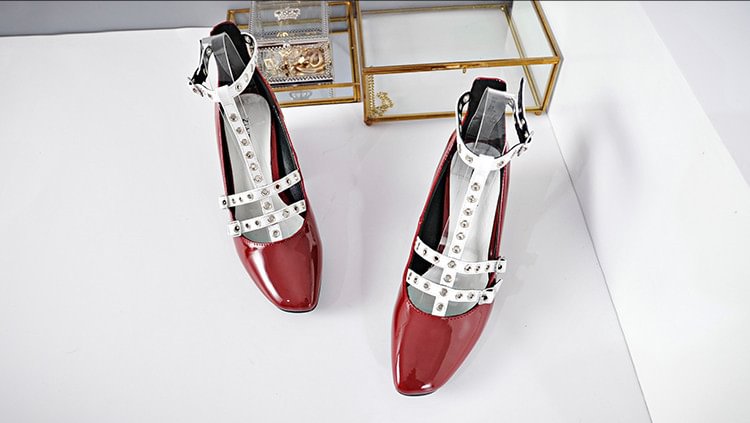 Red and White T Strap Shoes Square Toe Patent Leather Vintage Pumps |FSJ Shoes