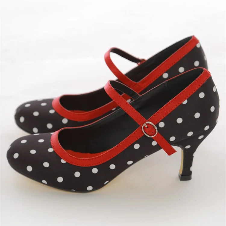 Black & Red Polka Dot Round Toe Mary Jane Pumps |FSJ Shoes