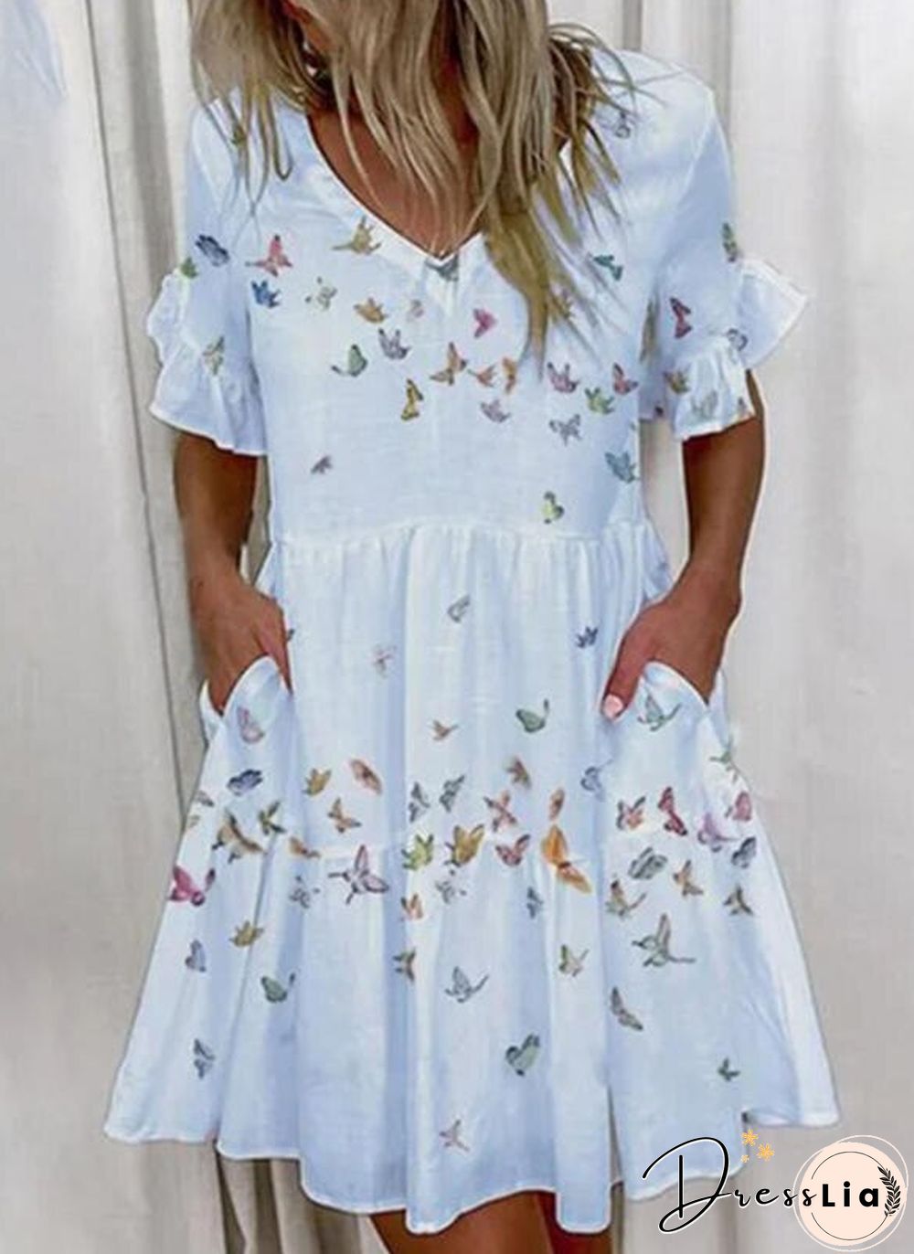 Printed Ruffle Pocket Dress Women Casual Loose Shoprt Sleeve Boho Vestidos Mujer