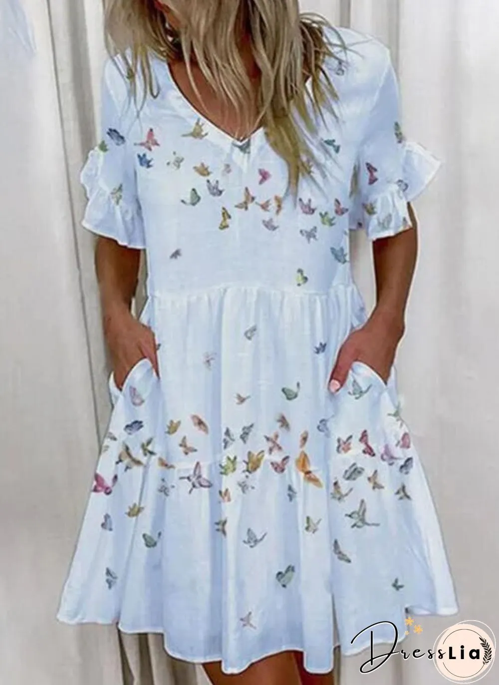 Printed Ruffle Pocket Dress Women Casual Loose Shoprt Sleeve Boho Vestidos Mujer