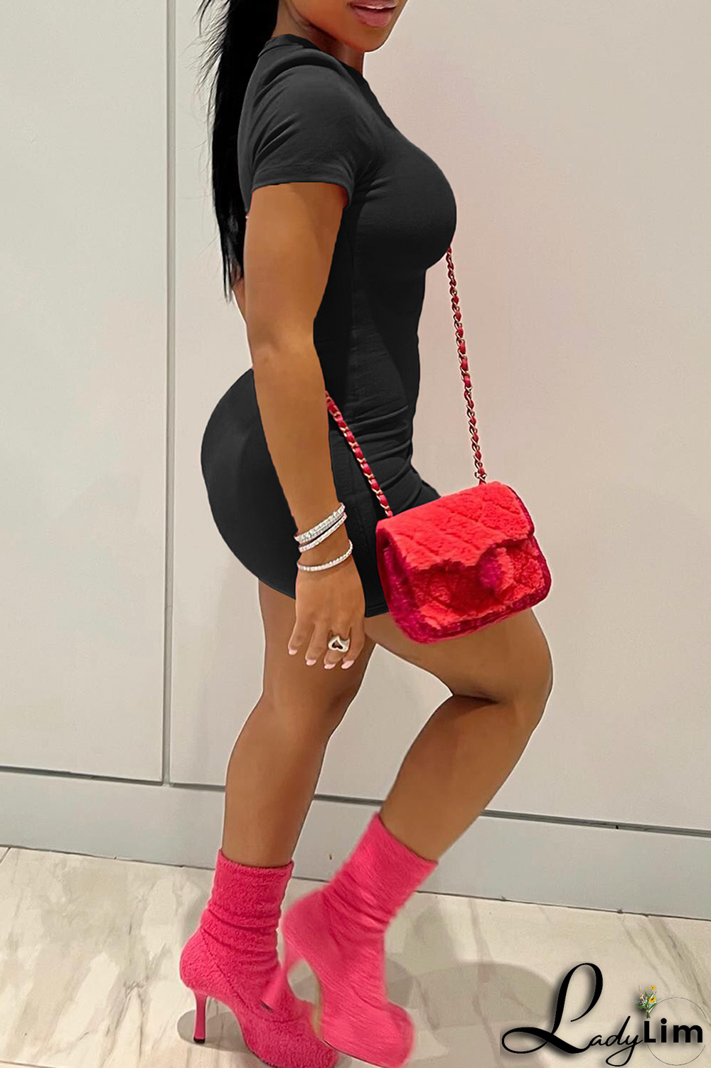 Rose Red Sexy Patchwork O Neck Pencil Skirt Dresses