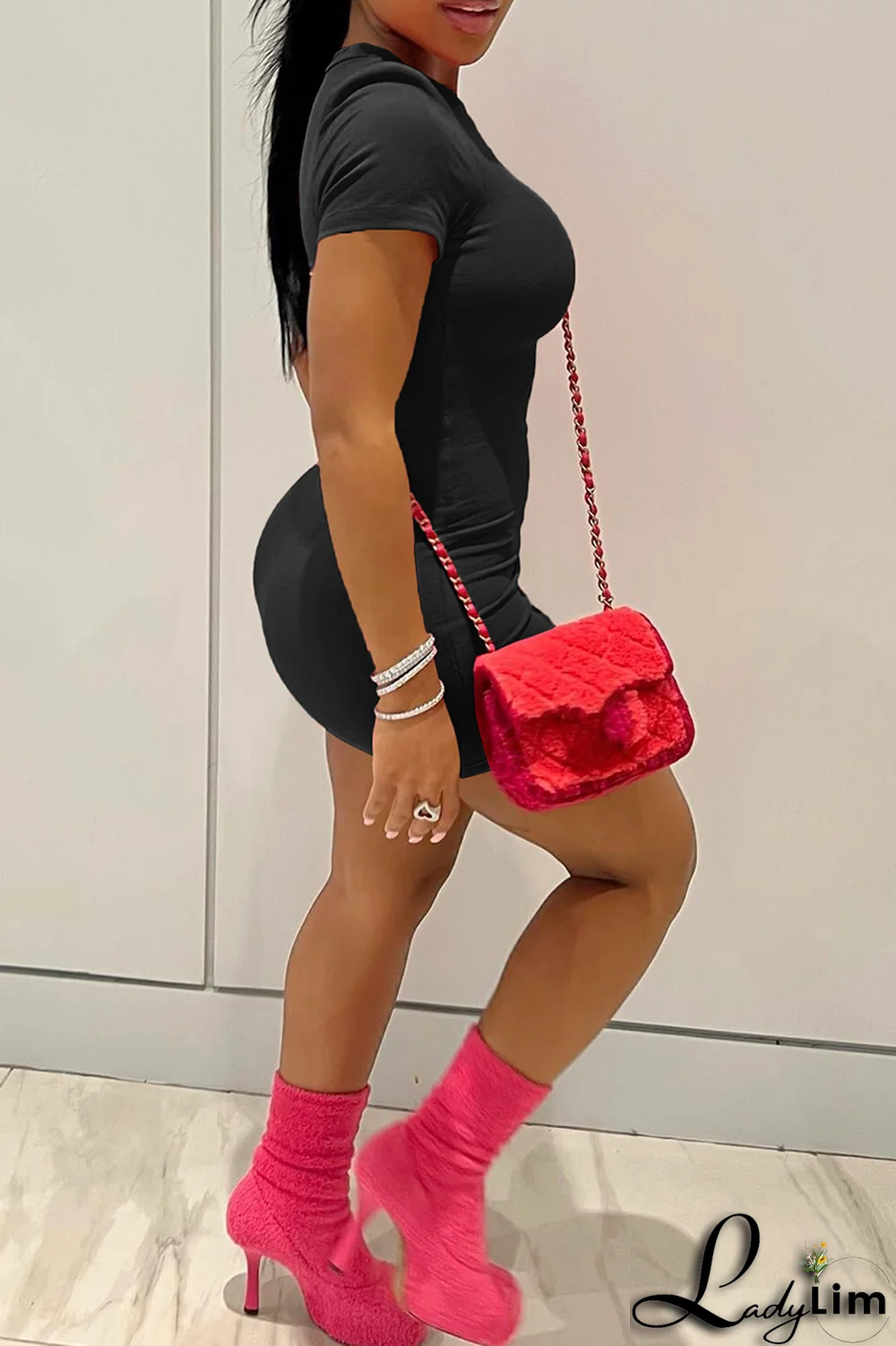 Rose Red Sexy Patchwork O Neck Pencil Skirt Dresses