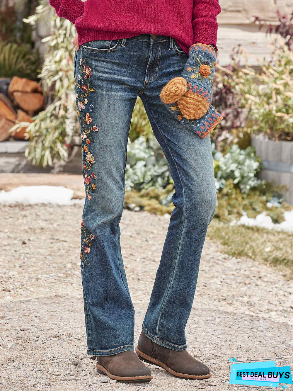 Regular Fit Floral Denim Casual Jeans