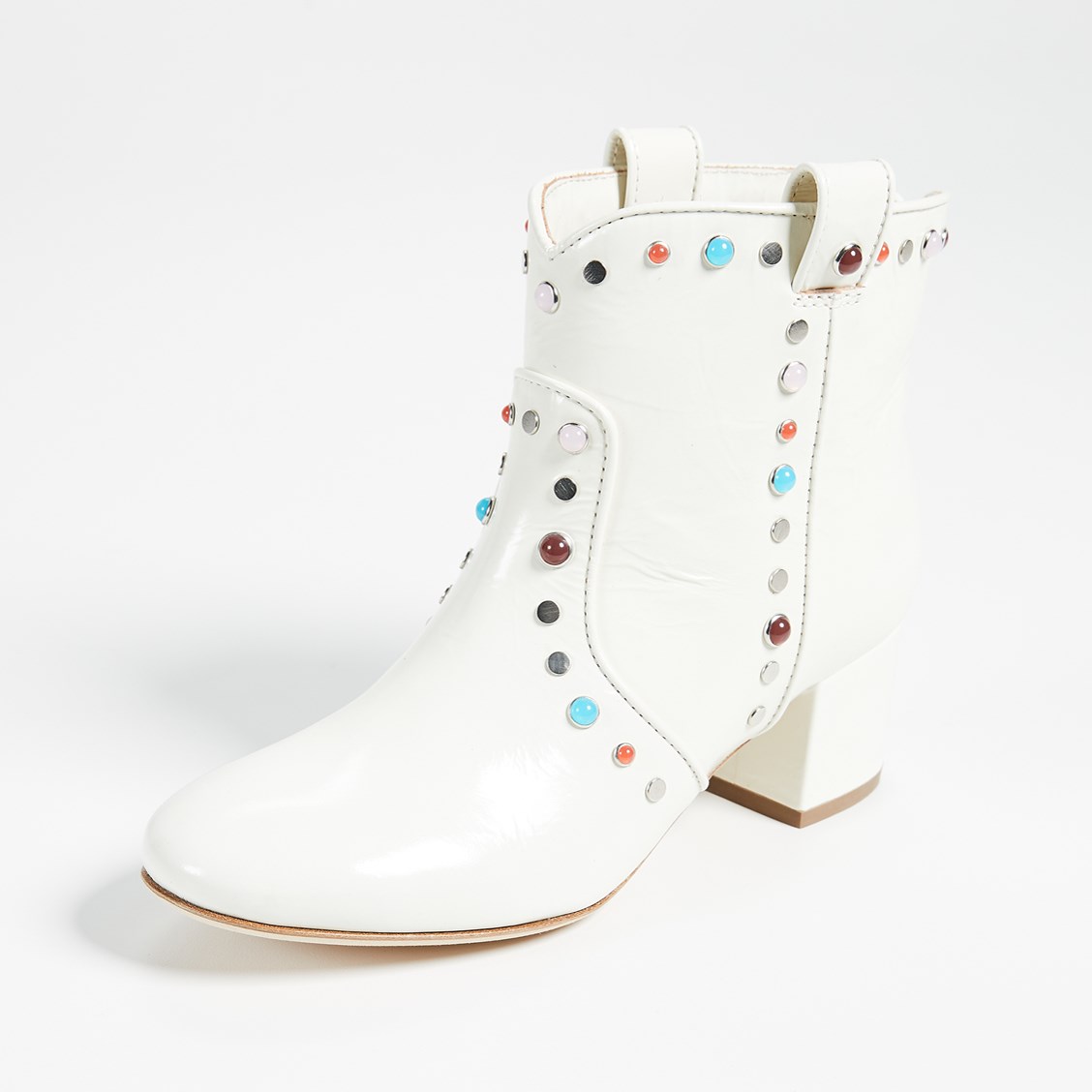White Round Toe Studded Block Heel Western Ankle Boots