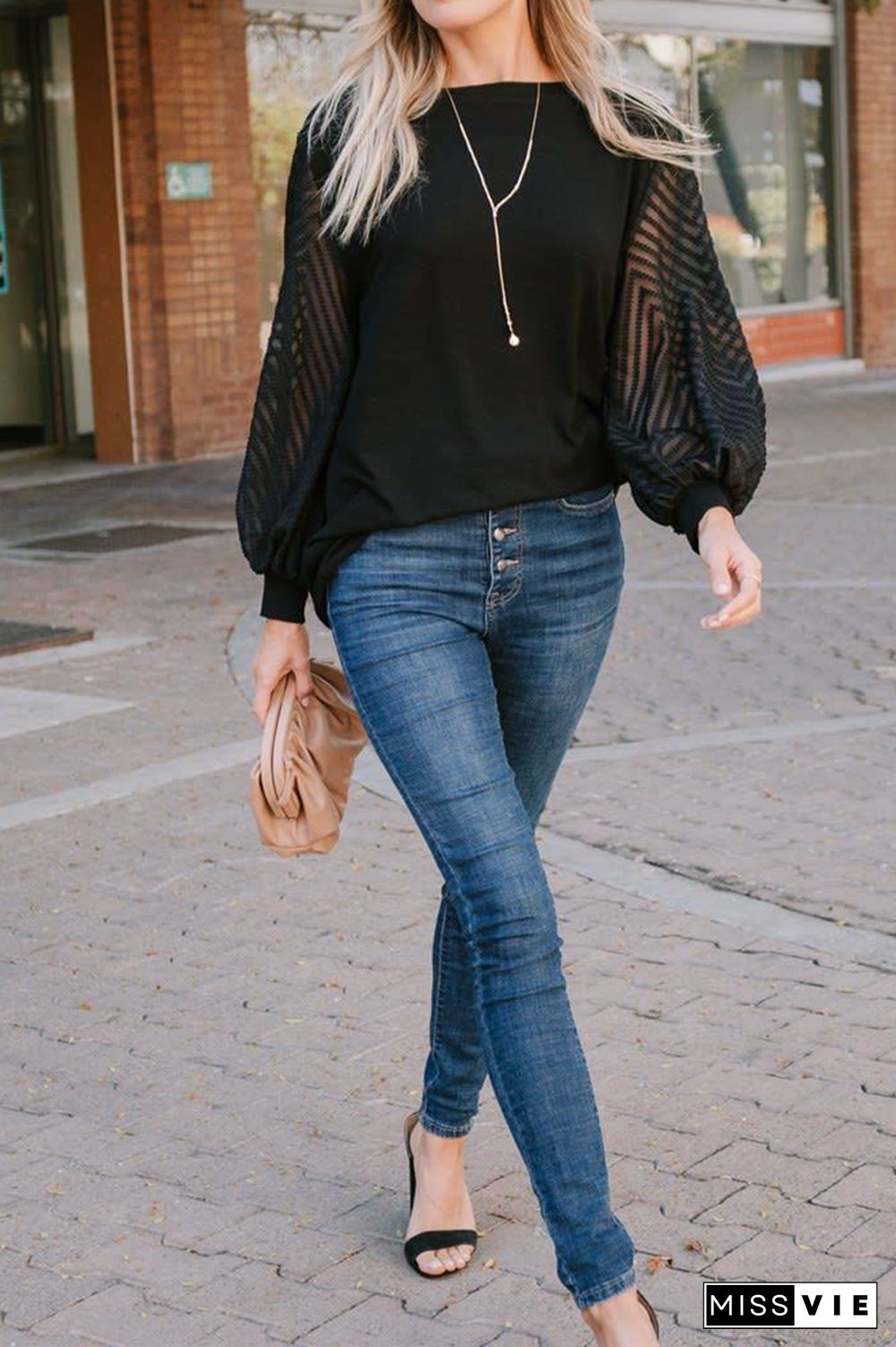 Fashion Solid Split Joint O Neck Tops