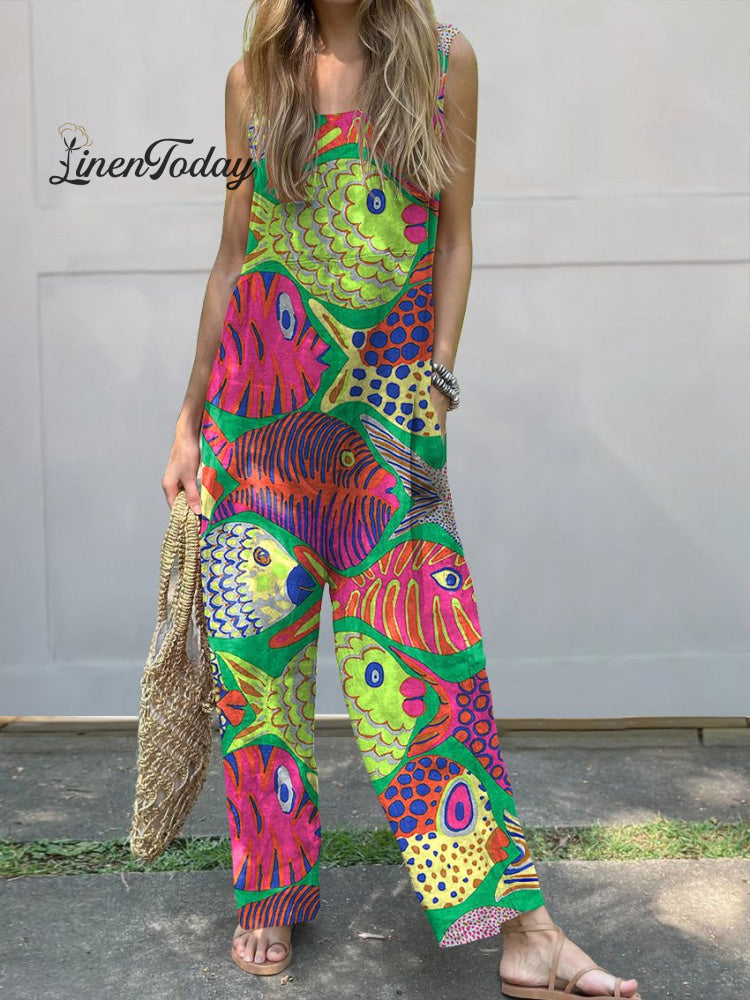 Vibrant Tropical Fish Pattern Printed Women’s Casual 100% Cotton Wide Leg Jumpsuit Multicolor / S