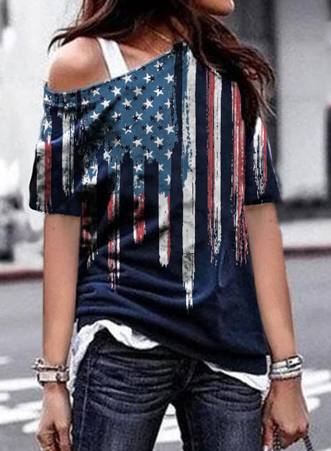 Women's T-shirts American Flag Cold Shoulder T-shirt