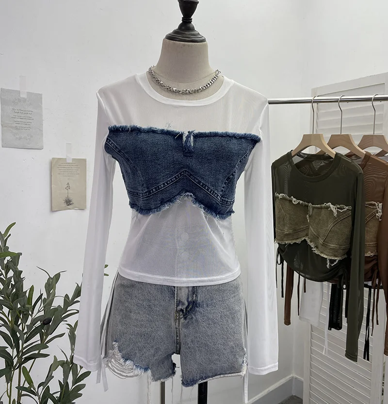 Uveng Vintage Spice Girls Stomee Net Yarn Sexy Perspective Drawstring Long-Sleeved T-Shirt Top 2630