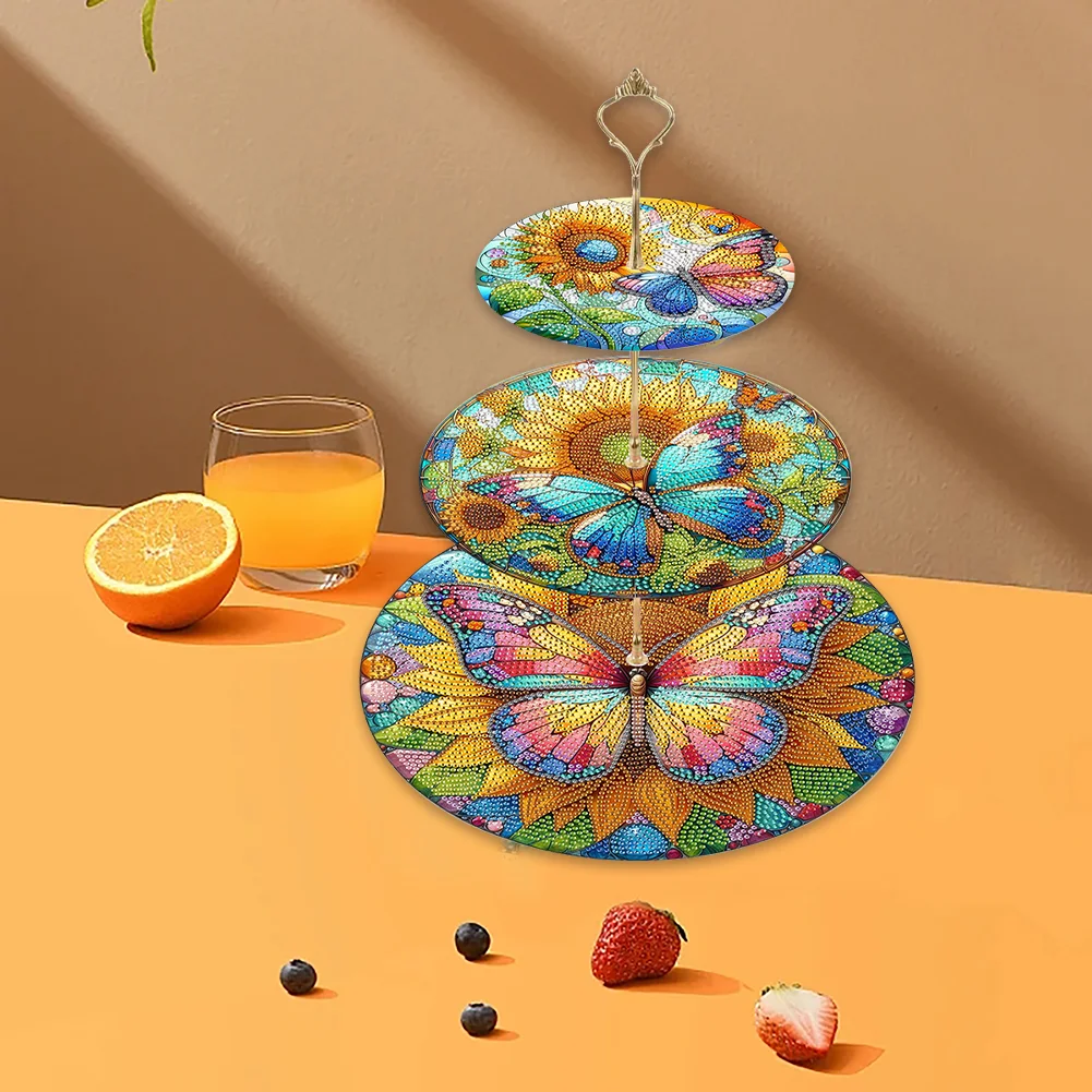 5D DIY 3 Tier Acrylic Butterfly Sunflower Diamond Painting Serving Tray for Home