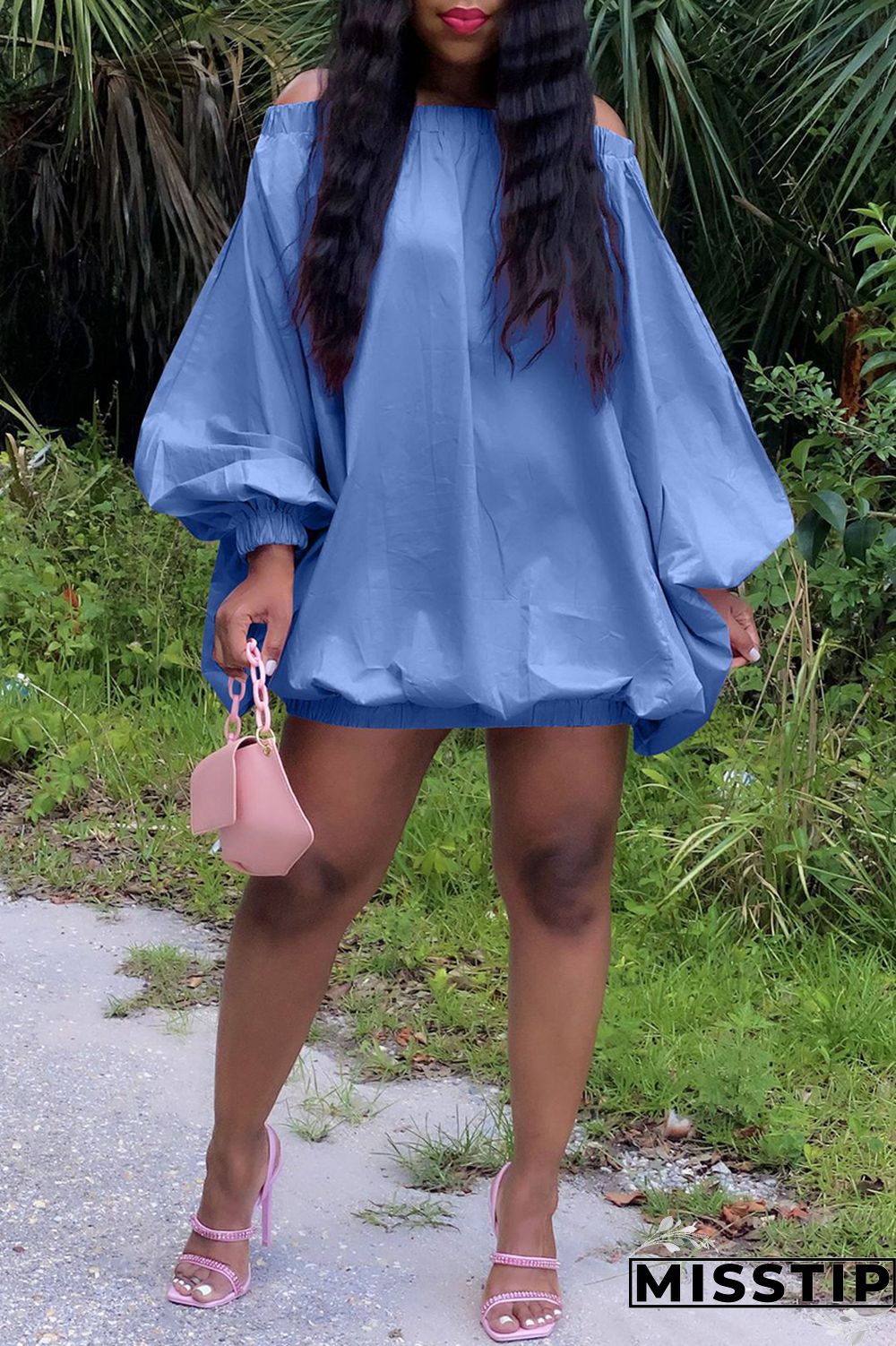 Pink Sexy Casual Solid Backless Off the Shoulder Long Sleeve Dresses
