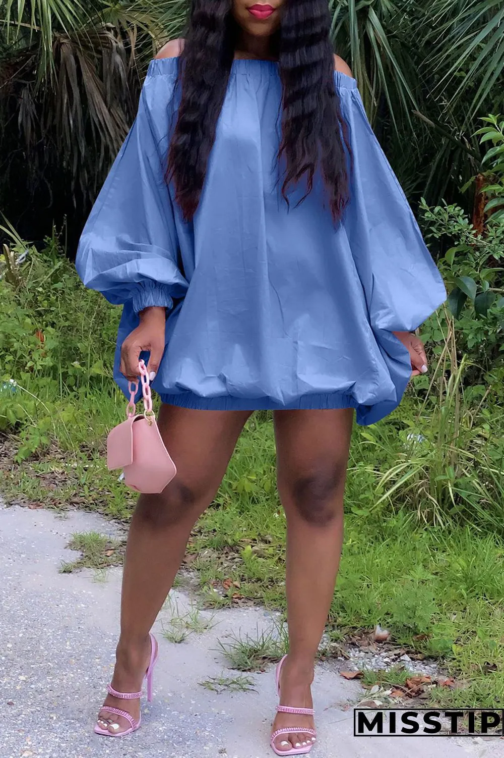 Pink Sexy Casual Solid Backless Off the Shoulder Long Sleeve Dresses