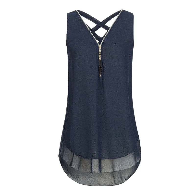 Zipper Short Sleeveless Women Shirts Hollow Out Sexy V Neck Solid Women Top Blouses Casual Tee Shirt Tops Clothes Plus Sizes