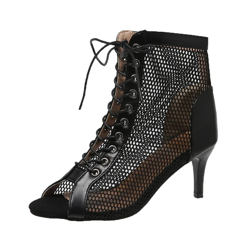 Zhungei Hollow Mesh Heels Women's Shoes Summer 2023 Trend Black Lace-Up Sexy Peep Toe Boots Stilettos Jazz Dance Female Shoes