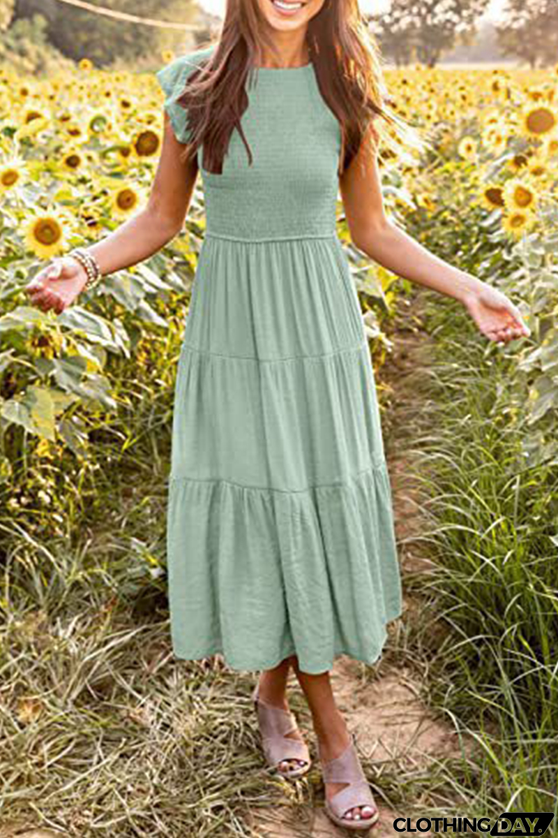 Fashion Solid Flounce O Neck Cake Skirt Dresses（9 colors）