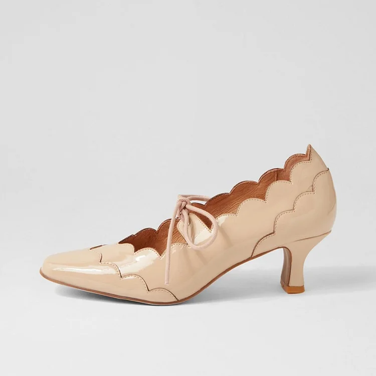Nude Patent Leather Scalloped Edge Mary Jane Shoes with Kitten Heel |FSJ Shoes
