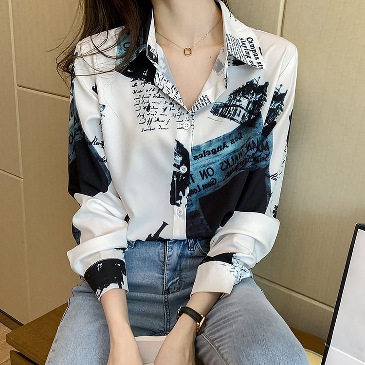 White Printed Shift Long Sleeve Shirts & Tops QueenFunky