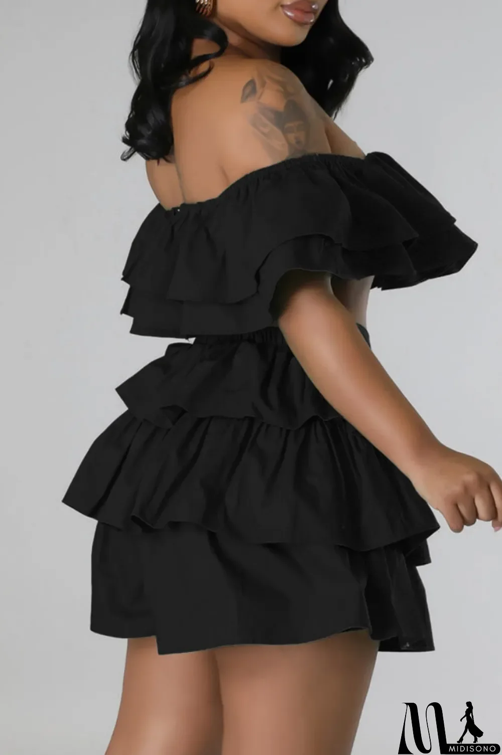 MidiSono - Rose Red Sexy Casual Solid Patchwork Backless Off the Shoulder Short Sleeve Two Pieces