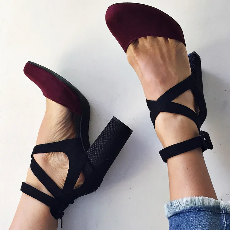 Maroon Chunky Heel Pointy Toe Ankle Strap Pumps Vdcoo