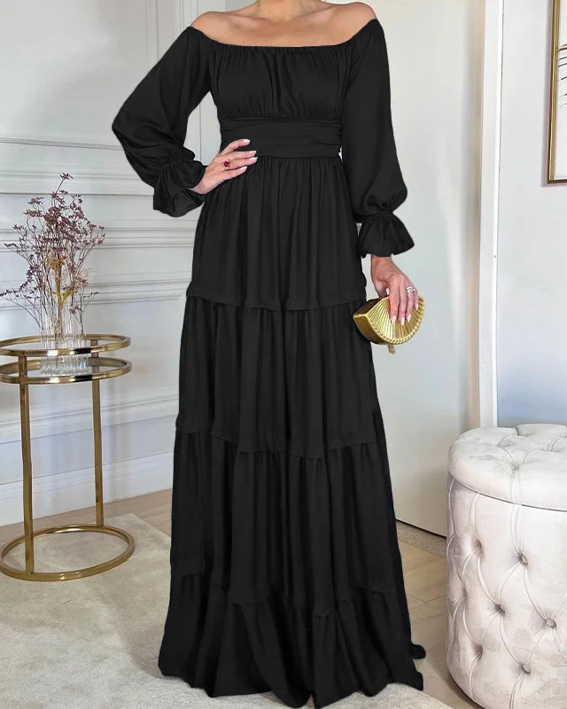 Fashion temperament solid color long sleeve loose long dress