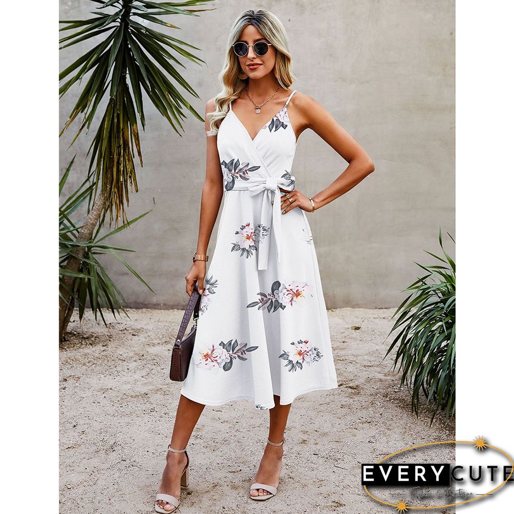 White Floral Print Spaghetti Straps Tie Waist Midi Dress