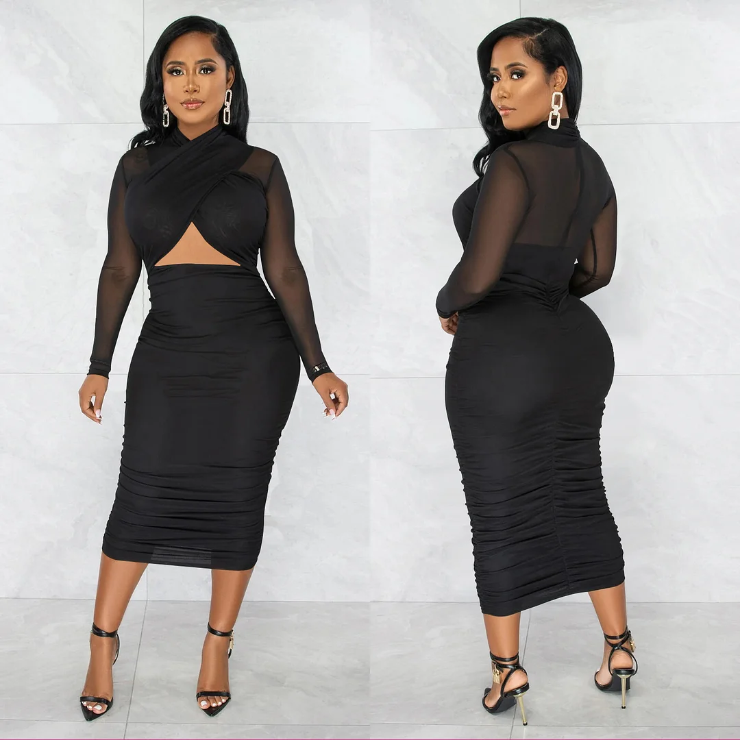 Churchf Churchf Fashion Women's Mesh Long Sleeve Solid Color Wrapped Breast Crop Dress
