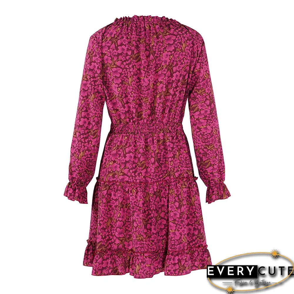 Rosy Elastic Waist Lace-up Floral Dress