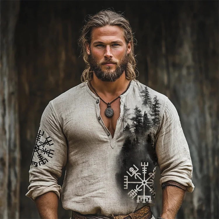 Men's Viking Vegvisir Dark Forest Watercolor Linen Blend Henley Shirt