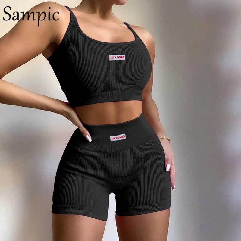 Sampic Knitted Summer Sexy Women Tracksuit Shorts Two Piece Set Sport Letter Print Tops And Mini Biker High Waisted Shorts Suit