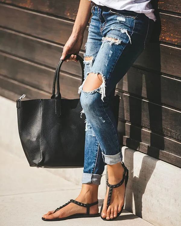 Blue Casual Denim Pockets Pants