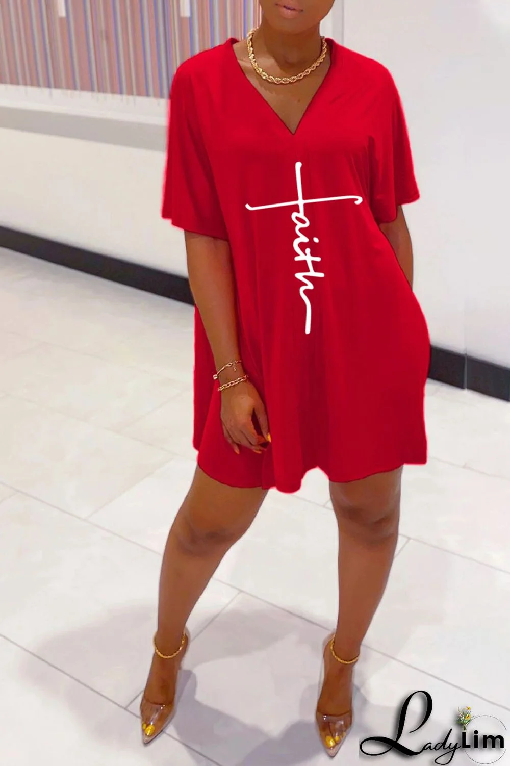 Tangerine Red Casual Print Split Joint V Neck Short Sleeve Two Pieces