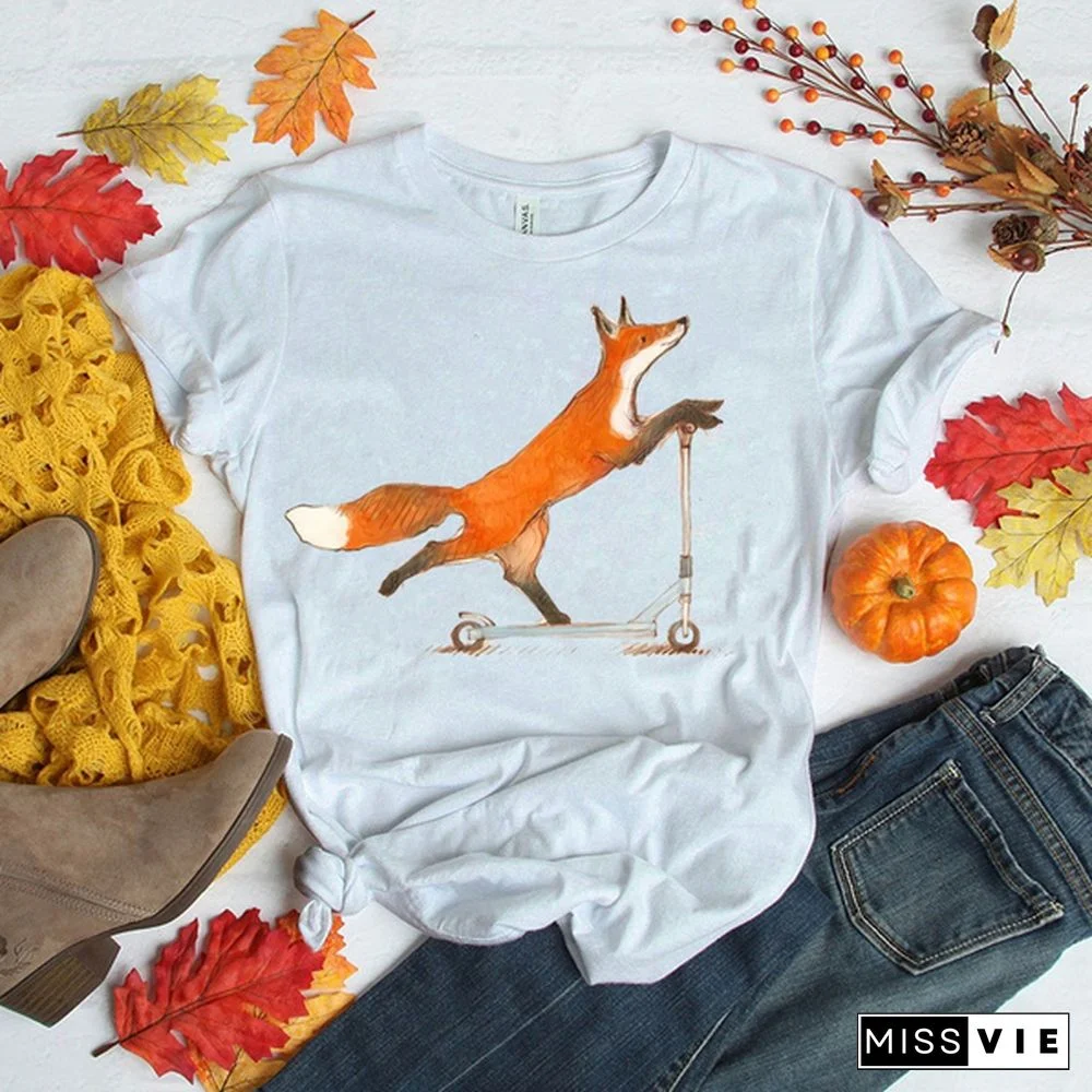 Cute Fox T-shirts For Women Summer Lovely Short Sleeve Casual T-shirts Funny Ladies Round Neck Tops