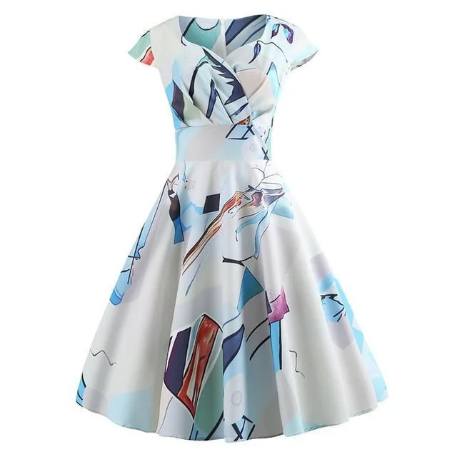 Women Short Sleeve Vintage Elegant Swing Party Summer Dresses