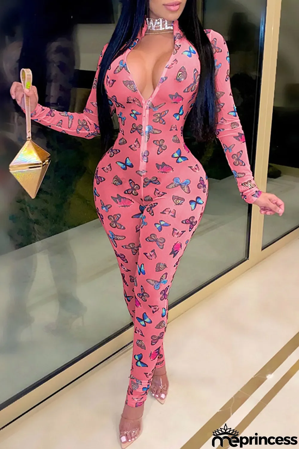 Light Pink Fashion Sexy Butterfly Print Split Joint Zipper Collar Skinny Jumpsuits