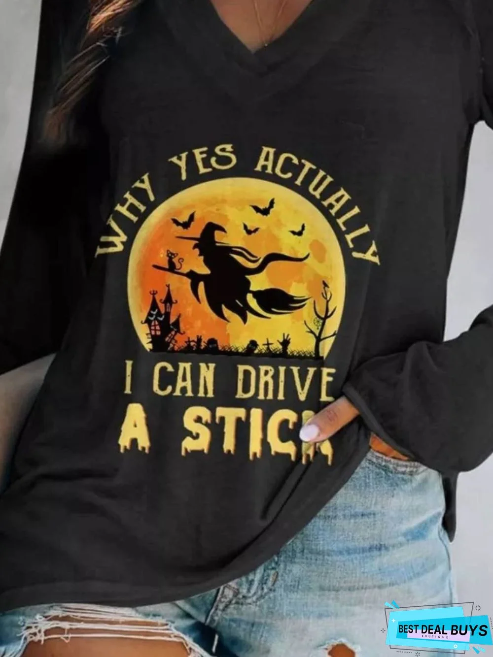 Halloween Casual Long Sleeve V Neck Printed Tunic Top