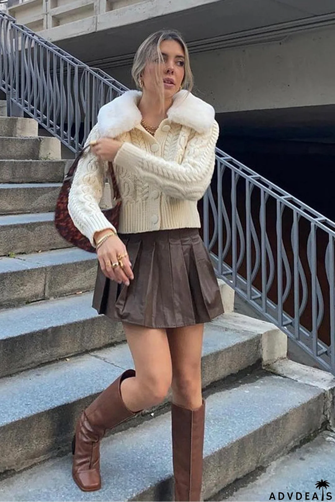 Fuzzy Lapel Cable Knit Cardigan