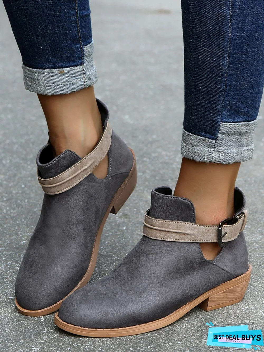 Casual Vintage Buckle Chunky Heel Booties