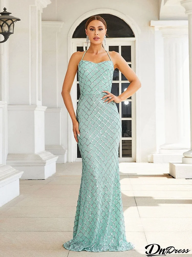 Formal Halter Neck Sequin Sage Green Evening Dress RJ10251