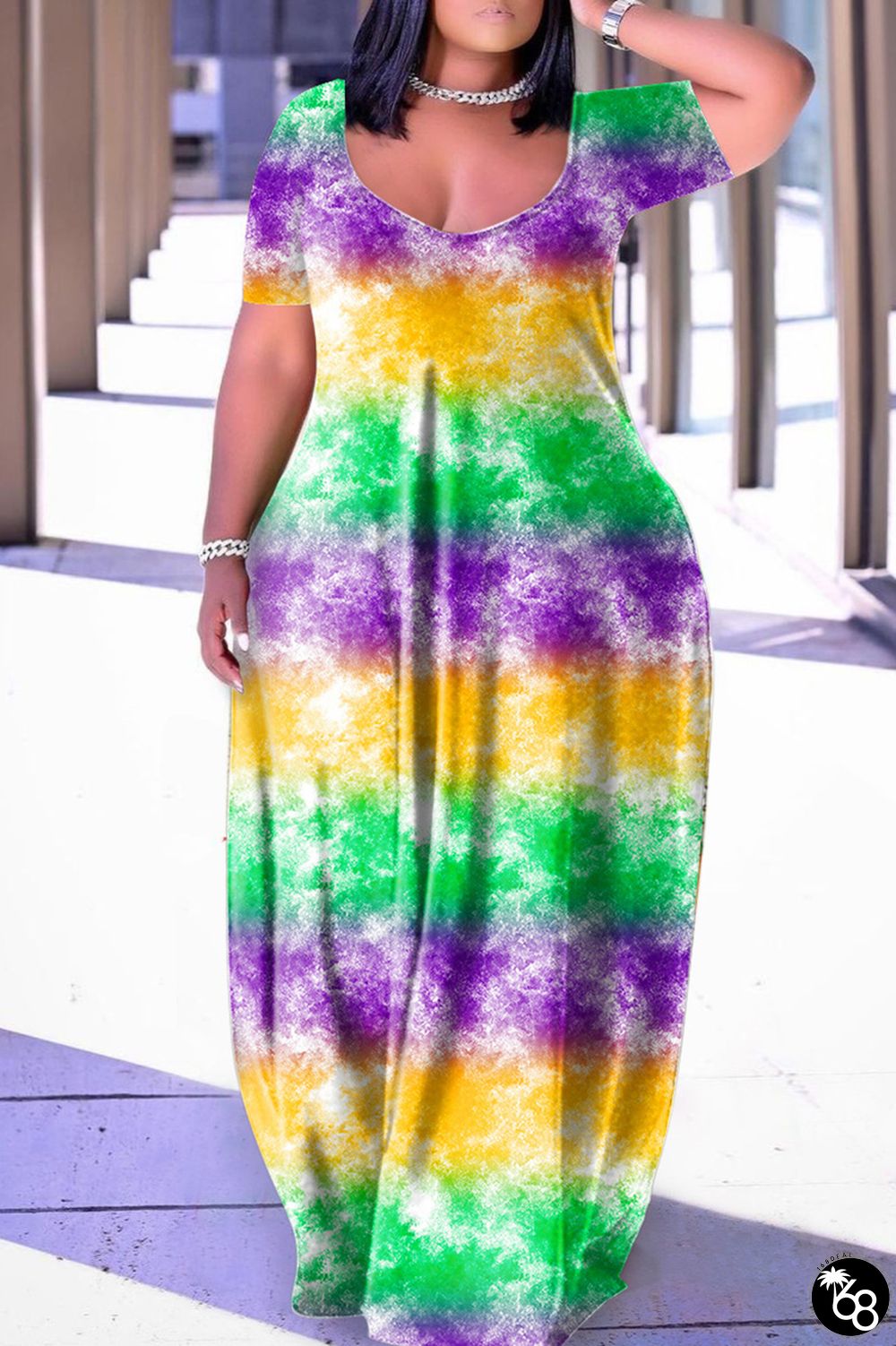 Green Purple Casual Print Patchwork V Neck Short Sleeve Dress | 168DEAL