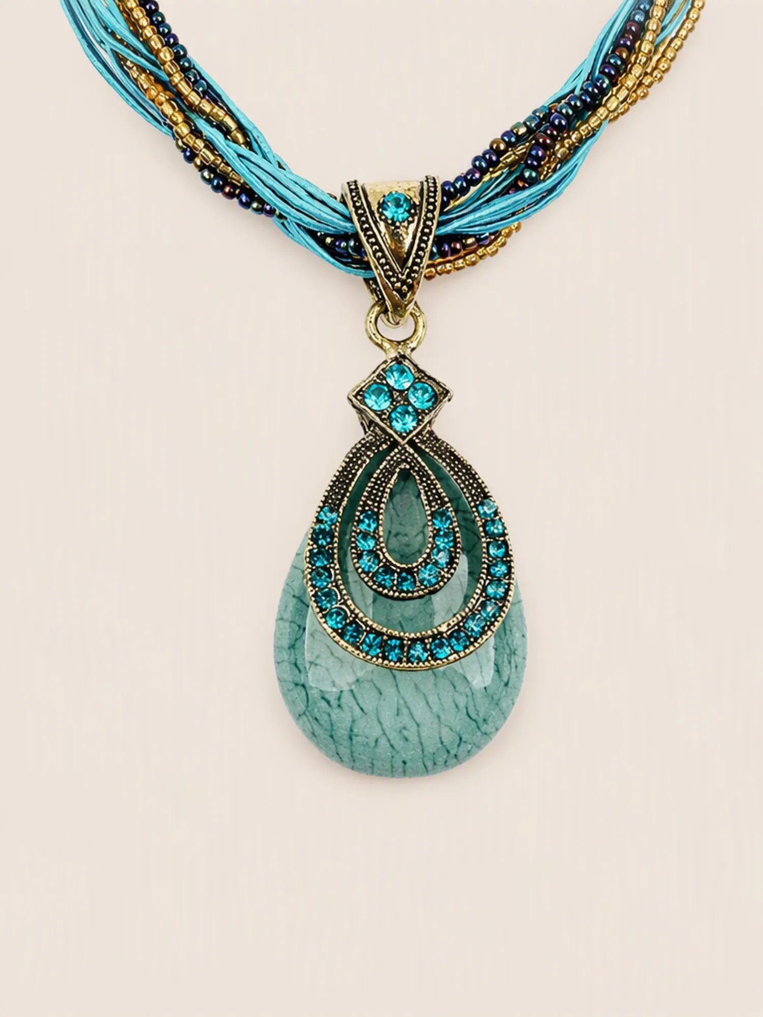 Vintage Boho Rhinestone Hollow Teardrop Pendant Necklace with Multi-Strand Seed Bead Chain
