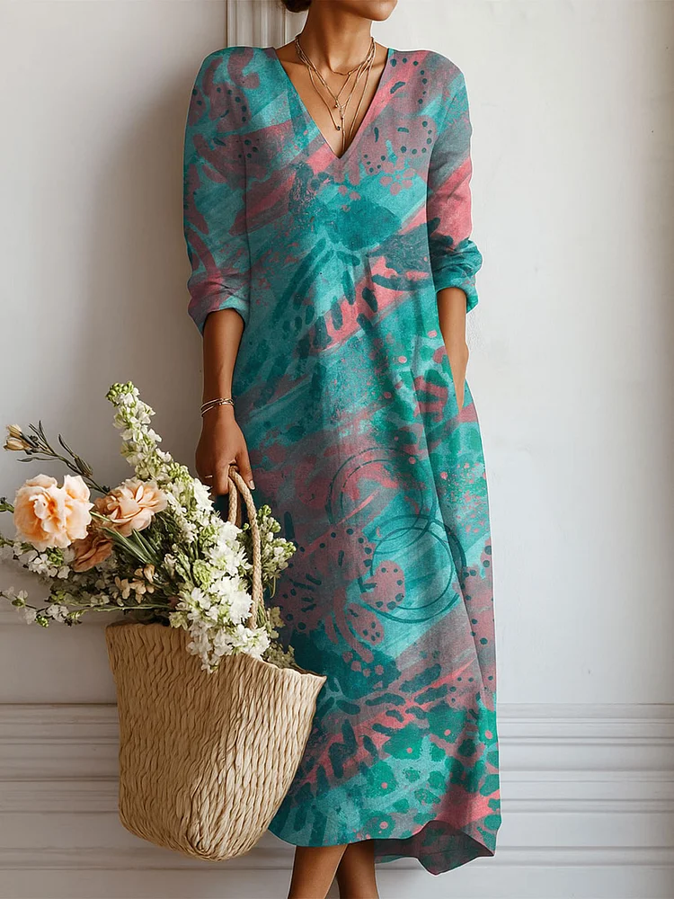 Women's Vintage Flowers Pattern Art Print Linen Pocket Dress